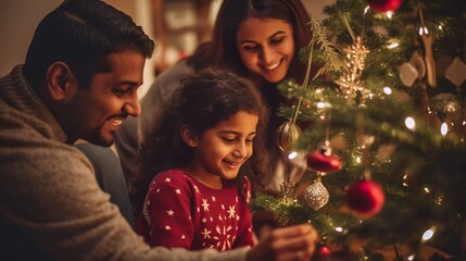 Obraz na płótnie Canvas Festive Indian Family Decorating Christmas Tree with Joy. Generative AI