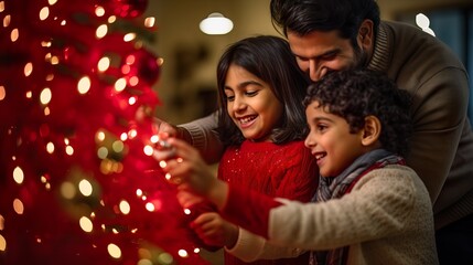 Fototapeta na wymiar Festive Indian Family Decorating Christmas Tree with Joy. Generative AI