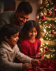 Festive Indian Family Decorating Christmas Tree with Joy. Generative AI