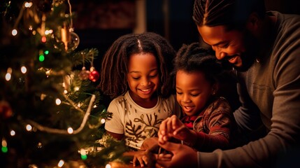 Obraz na płótnie Canvas Joyful African Family Decorating Christmas Tree. Generative AI