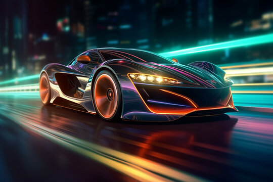 3D rendering of a brand-less generic concept car in neon light