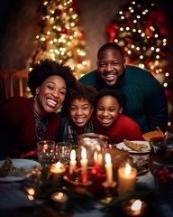 Obraz na płótnie Canvas Modern African American Family Celebrating Christmas Around Festive Table. Generative AI