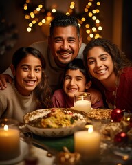 Obraz na płótnie Canvas Modern Indian Family Celebrating Christmas Around Festive Table. Generative AI
