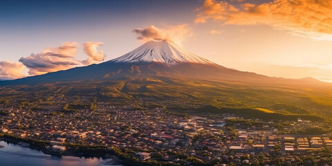 Aerial Panorama Landscape of Fuji Mountain. Iconic and Symbolic Mountain of Japan.generative ai