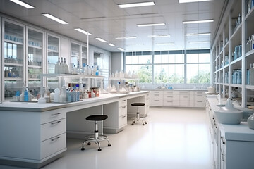 Science laboratory interior with equipment and science experiments. 3d rendering toned image
