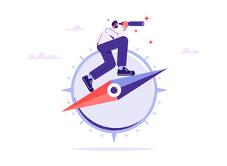 Business guidance direction or opportunity, make decision for business direction, finding investment opportunity, leadership or visionary concept, businessman with binocular and compass