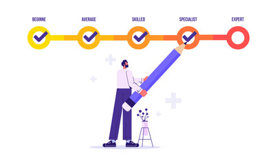 Skill level growth concept, Leveling up in career and professional skills improvement, businessman holding giant pencil at skill level checklist with tick marks