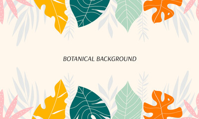 Hand drawn tropical horizontal banner. Exotic abstract various leaves vector art. Botanical print in boho style. Modern jungle poster. Colorful foliage for marketing, advertising, social media.