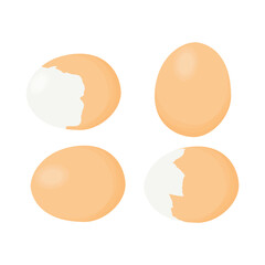 Vector illustration set of eggs in boxes, fried, boiled and cracked in cartoon flat style. Farmer product, organic farm food icons. Poultry production, chicken eggs isolated on white background