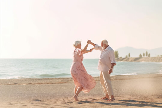 Happy senior couple dancing on the beach at the day time. Concept of active senior people