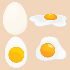 Vector illustration of single egg fried in cartoon flat style. Farmer product, organic food logo and icon for shop, restaurant, etc. Agricultural chicken egg cooking ingredient isolated on pink backgr