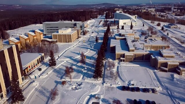 4K Drone Video of University of Alaska Fairbanks on Snowy Winter Day