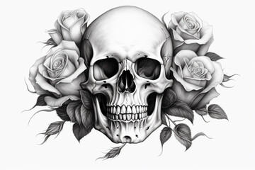 Skull with floral wreath on white background. Hand-drawn illustration.