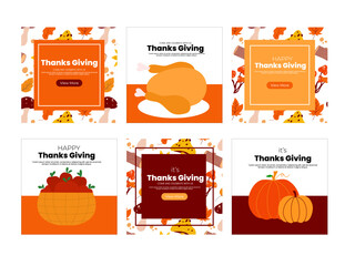 Thanks giving social media banners template. Social media post with hand drawn element vector illustration 
