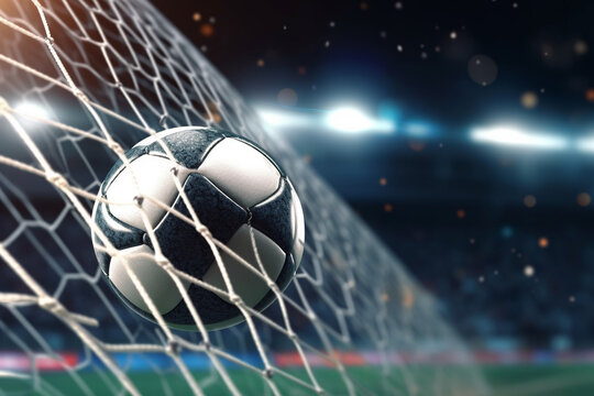 Soccer ball in goal net. 3d rendering toned image