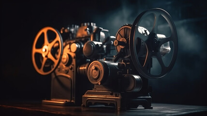 Naklejka premium photograph of A movie projector and film reels on a dark background.generative ai