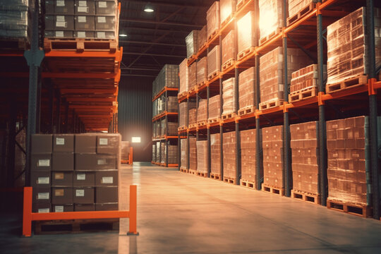 Blurred image of warehouse with rows of shelves with goods in warehouse