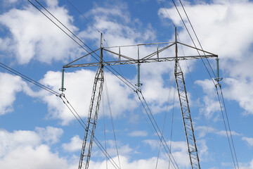 Overhead high voltage power line pylon in use with 400 kV AC.