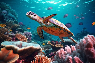Obraz premium Green sea turtle swimming in the coral reef of the Red Sea.