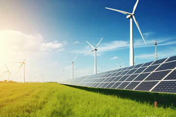 solar energy panels and wind turbines at sunset, alternative energy concept