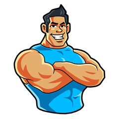 strong bodybuilder smiles with his arms crossed, vector, logo, cartoon, mascot, character, illustration
