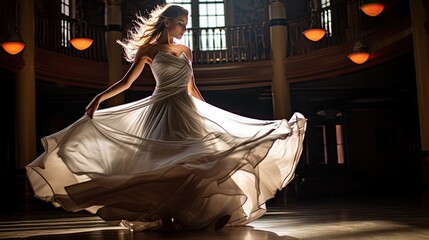 Model in a ballroom gown, dancing on a vintage ballroom floor, capturing the motion blur of her spin