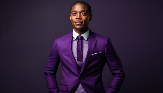Portrait of a handsome African American man in purple suit. created by generative AI technology.