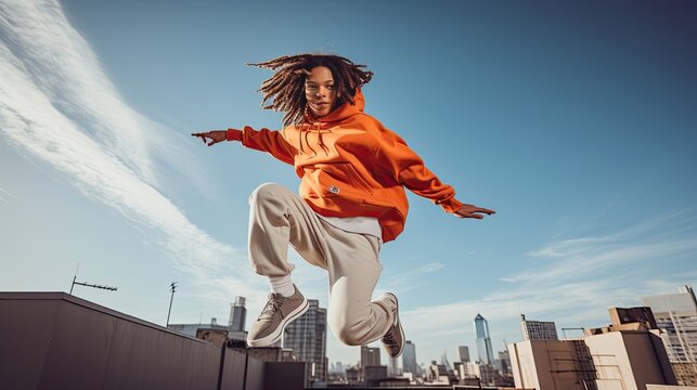 Dynamic shot of a model in a streetwear outfit, captured mid-jump on a city rooftop, with skyline in the background