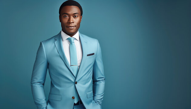 Handsome African American man in blue suit on blue background. created by generative AI technology.