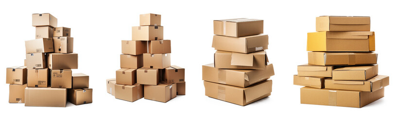 Set of Pile of stacked sealed goods cardboard boxes. Delivery, cargo, logistic and transportation warehouse storage concept. Isolated on transparent background - obrazy, fototapety, plakaty