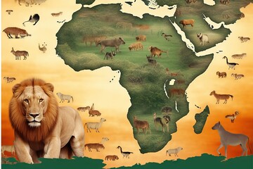 image animal wildlife continent conceptual predator cut-out composite africa s design leo isolated lion African wild background Wildlife panthera sun face concept white sunrise map Map mammal style - obrazy, fototapety, plakaty