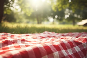 Red and white plaid picnic blanket on top of a green field in sunny day on grass of lawn in summer park. Blurred Background. Generative AI