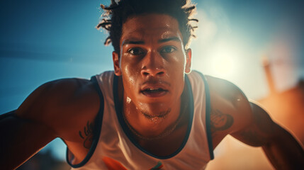 Determined basketball player playing an intense game outdoors on a sunny day, with sweat glistening on their face and body - obrazy, fototapety, plakaty