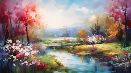 Bright landscape with blooming flowers and colorful forest.