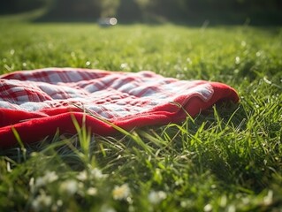 Red and white plaid picnic blanket on top of a green field in sunny day on grass of lawn in summer park. Blurred Background. Generative AI