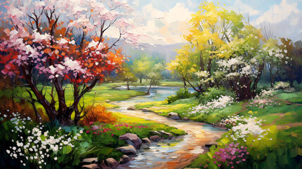 Bright landscape with blooming flowers and colorful forest.