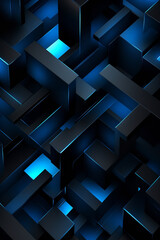 3d geometric blue and black, in the style of dark and mysterious, luminous shadowing, patterned surfaces, electric color schemes, dark gray and black