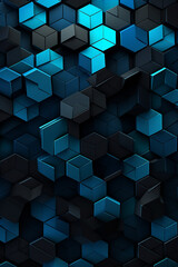 3d geometric blue and black, in the style of dark and mysterious, luminous shadowing, patterned surfaces, electric color schemes, dark gray and black