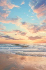 Fototapeten a beach and sky with beach sand, with the sun rising behind ocean waves, in the style of photo-realistic landscapes, soft variations of color, colorful neo-romanticism, reflex  © Nate