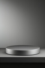 Empty podium or pedestal display on gray background with cylinder stand. Circular podium on gray studio background. Silver podium, product stand