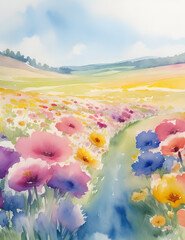 Fototapeta na wymiar Pretty and stunning watercolor painting of flowers field