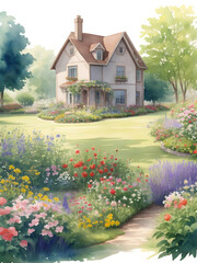 Beautiful and pretty house in the middle of flower garden painting watercolor
