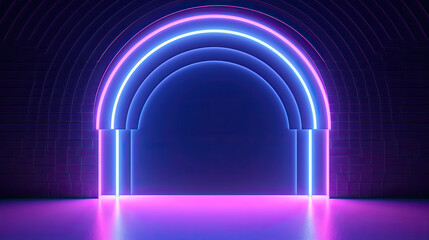 3d render, abstract geometric neon background, pink blue vivid light, ultraviolet round hole in the wall. Window, open door, gate, portal. Room entrance, arch. Modern minimal concept