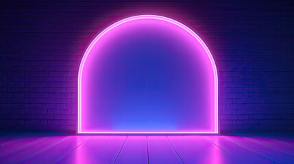 3d render, abstract geometric neon background, pink blue vivid light, ultraviolet round hole in the wall. Window, open door, gate, portal. Room entrance, arch. Modern minimal concept - obrazy, fototapety, plakaty