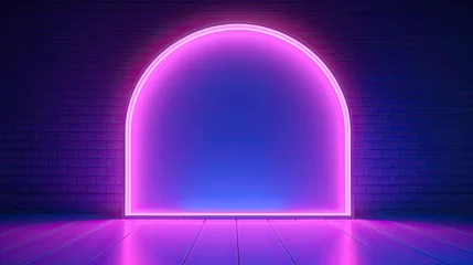 Fotobehang 3d render, abstract geometric neon background, pink blue vivid light, ultraviolet round hole in the wall. Window, open door, gate, portal. Room entrance, arch. Modern minimal concept © Tuấn