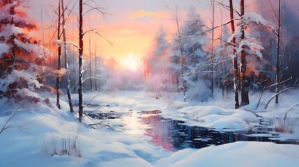 Bright landscape with winter forest. Oil painting.