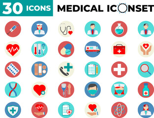 Set vector medical and health flat icon. Vector healthcare tool in flat icon. Icon set medicine, stethoscope, ambulance, prescription, doctor, lab, virus, mask, emergency. 