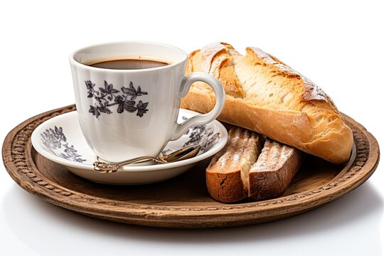 Coffee, tea, and bread at the plate isolated on white