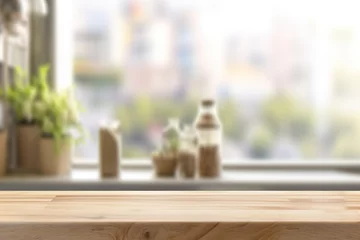 Foto op Canvas countertop blurry window desk blur design banner counter blur gre background clean panoramic blank Wood blurred background table bright food banner display abstract empty kitchen top board desktop © sandra