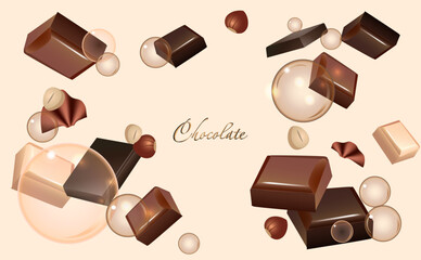 Sweet background with chocolate, bubbles and nuts